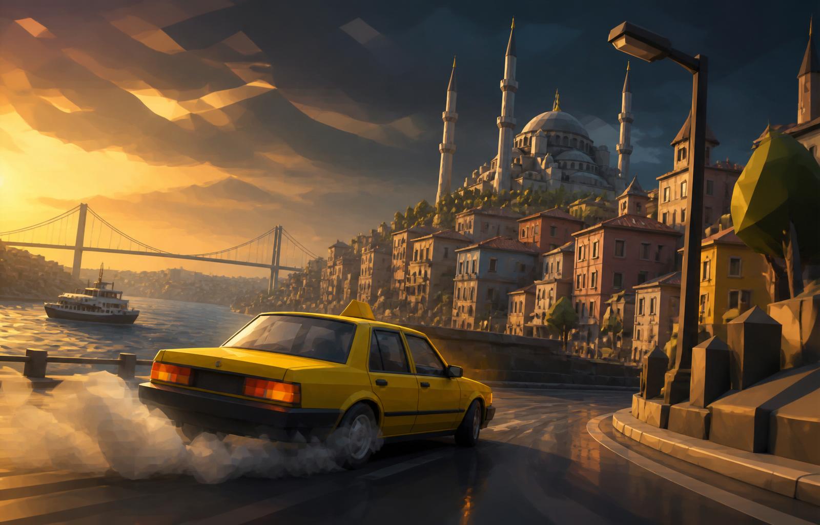 A low-poly yellow taxi drifting through an Istanbul-inspired city at golden hour